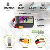 Batterie Lipo Ovonic Rebel 2.0 150C 22,2V 1400mAh 6S avec prise XT60 pour drones FPV Racing Freestyle de 5 à 6 pouces, hélicoptères FPV sans balais 180-330mm, 4 pièces/2 pièces